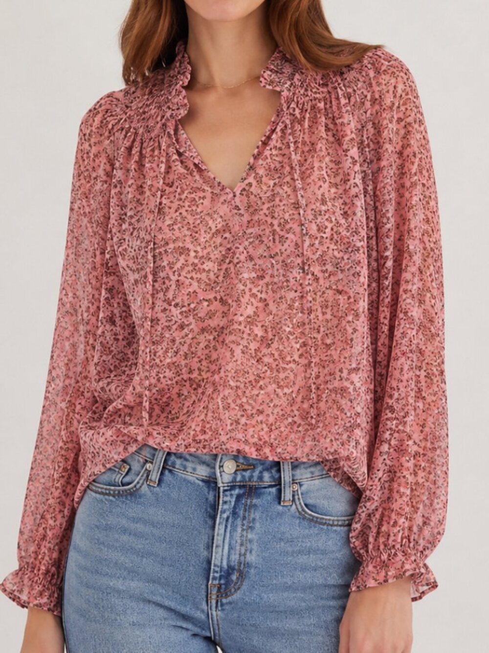 LOFT Pink Floral Ruffle-Trim Sheer Blouse with Cami Tank | XS Petite